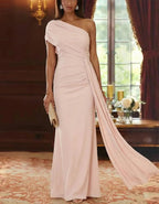 Solid Color Draped One Shoulder Mermaid Maxi Dress