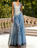 Blue Chiffon Printed V-neck Sleeveless Full Maxi Dress