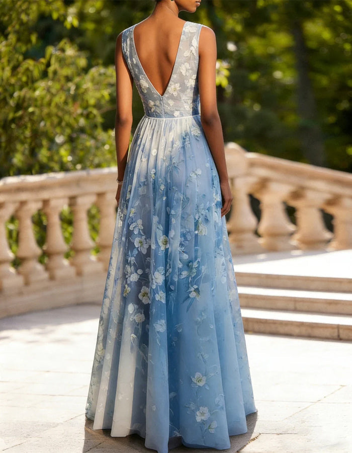 Blue Chiffon Printed V-neck Sleeveless Full Maxi Dress