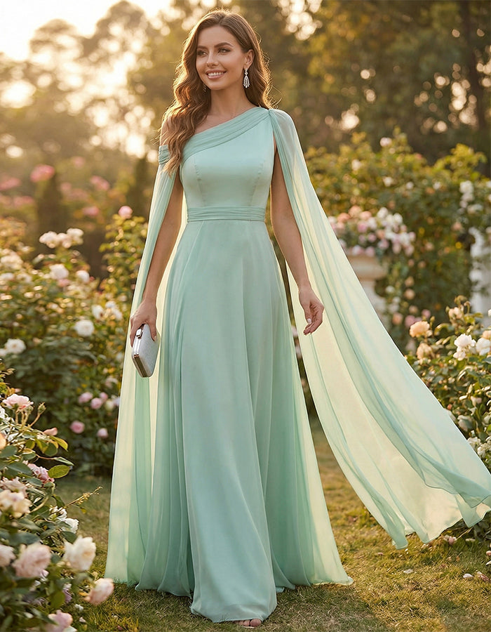 Mint Green Satin Chiffon Cape Maxi Dress
