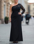 Plus Size Black Draped Fabric With Lace Trim  One Shoulder Maxi Dress