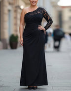 Plus Size Black Draped Fabric With Lace Trim  One Shoulder Maxi Dress