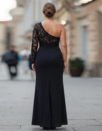 Plus Size Black Draped Fabric With Lace Trim  One Shoulder Maxi Dress