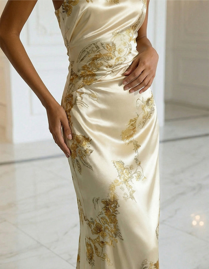 Champagne Colored Printed Satin One Shoulder Fishtail Maxi Dress
