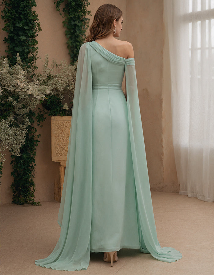 Mint Green Satin Chiffon Cape Maxi Dress