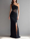 Black Lace Trimmed One Shoulder Slit Maxi Dress