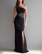 Black Lace Trimmed One Shoulder Slit Maxi Dress