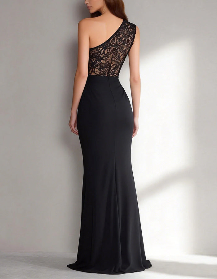 Black Lace Trimmed One Shoulder Slit Maxi Dress