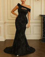 Solid Color Mesh Embroidered One Shoulder Fishtail Maxi Dress