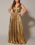 Plus Size Gold Metallic Pleated Maxi Dress