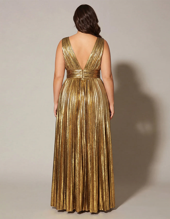 Plus Size Gold Metallic Pleated Maxi Dress