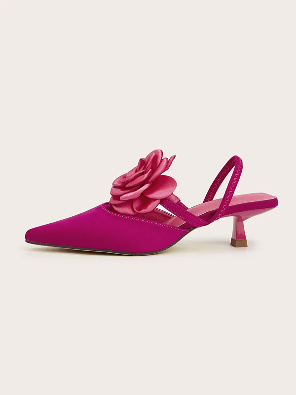 Solid Color Pointed Toe Stiletto Heels With Floral Embellishments