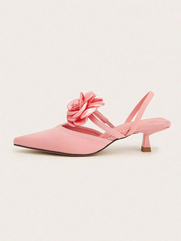 Solid Color Pointed Toe Stiletto Heels With Floral Embellishments