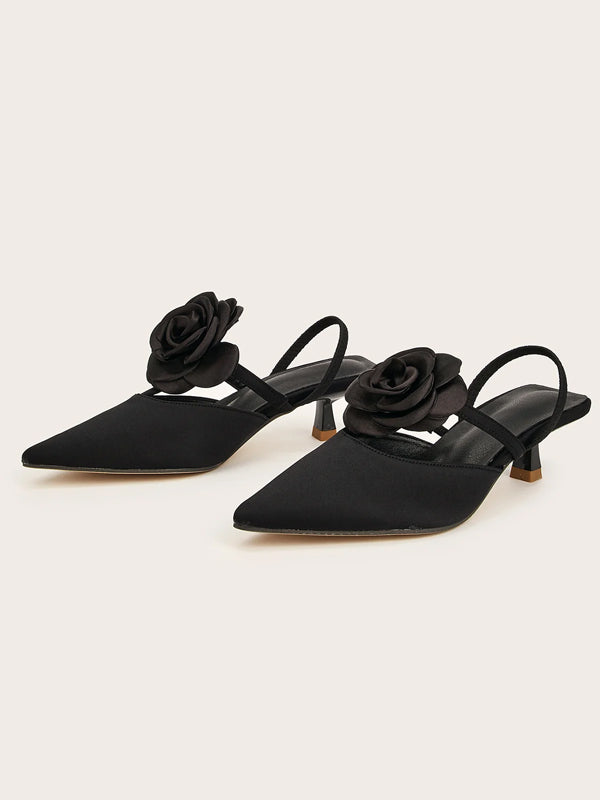Solid Color Pointed Toe Stiletto Heels With Floral Embellishments
