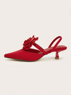 Solid Color Pointed Toe Stiletto Heels With Floral Embellishments