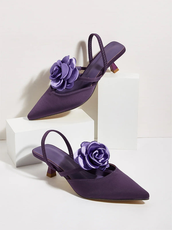 Solid Color Pointed Toe Stiletto Heels With Floral Embellishments