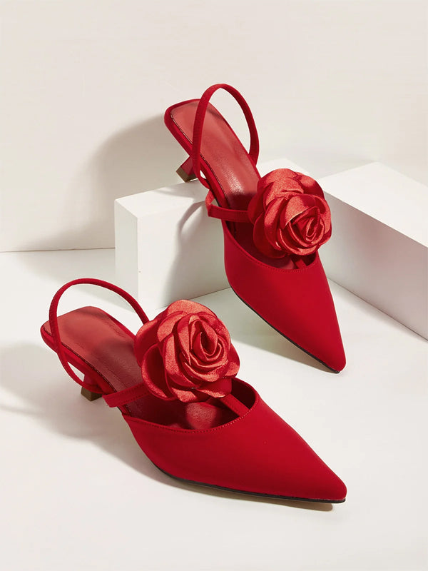 Solid Color Pointed Toe Stiletto Heels With Floral Embellishments