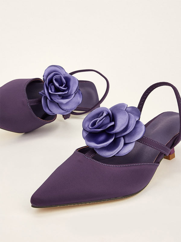 Solid Color Pointed Toe Stiletto Heels With Floral Embellishments