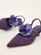 Solid Color Pointed Toe Stiletto Heels With Floral Embellishments
