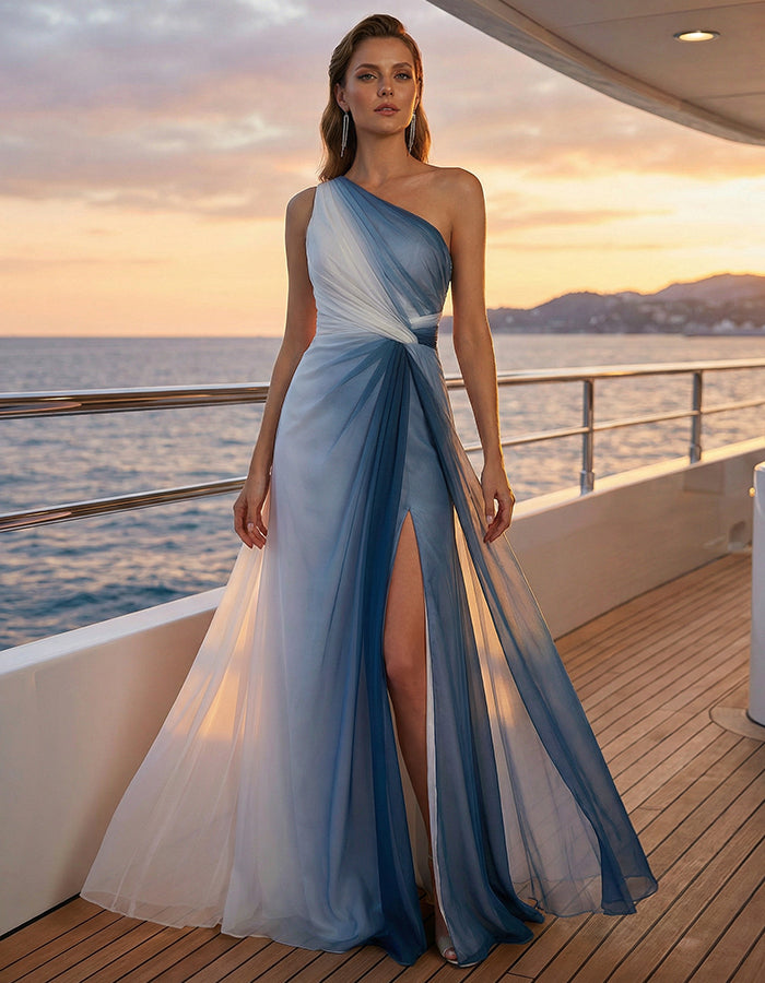 Blue Gradient Chiffon One Shoulder Slit Maxi Dress