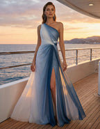 Blue Gradient Chiffon One Shoulder Slit Maxi Dress