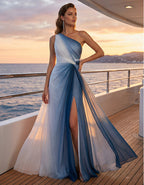 Blue Gradient Chiffon One Shoulder Slit Maxi Dress