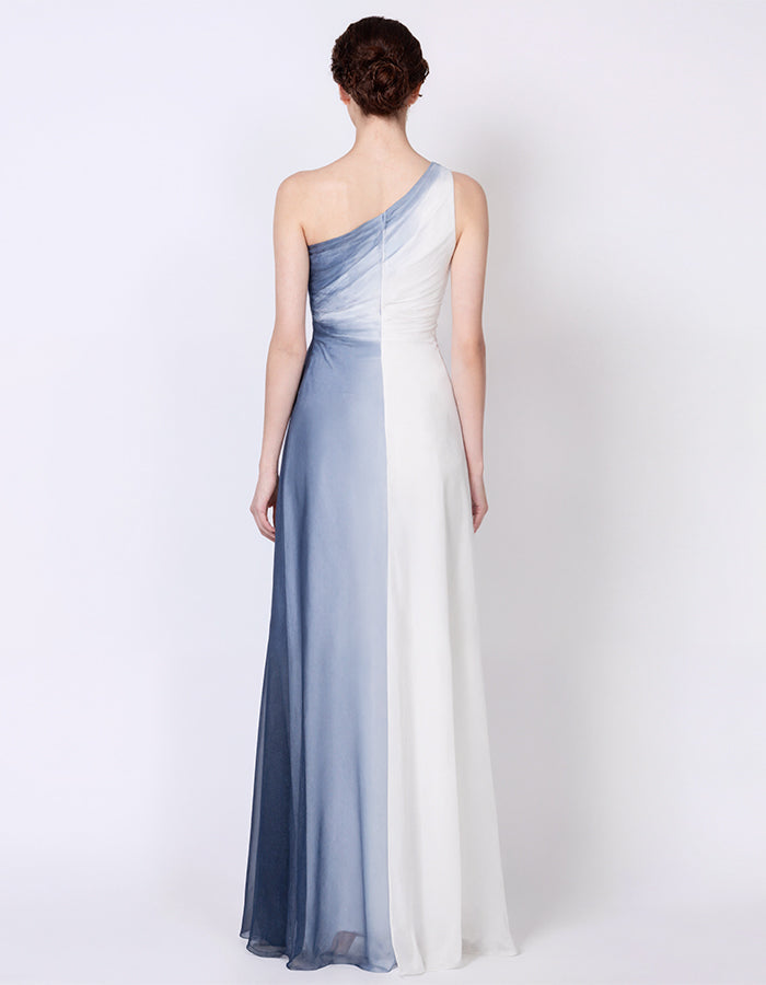 Blue Gradient Chiffon One Shoulder Slit Maxi Dress
