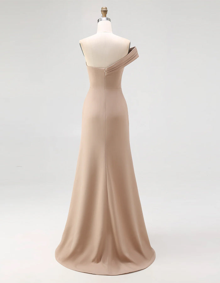 Plus Size Nude Draped Knit One Shoulder Fishtail Maxi Dress
