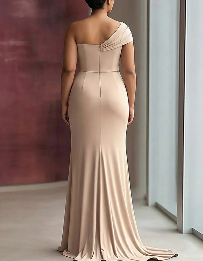 Plus Size Nude Draped Knit One Shoulder Fishtail Maxi Dress