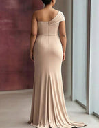 Plus Size Nude Draped Knit One Shoulder Fishtail Maxi Dress