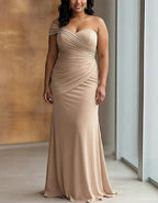 Plus Size Nude Draped Knit One Shoulder Fishtail Maxi Dress