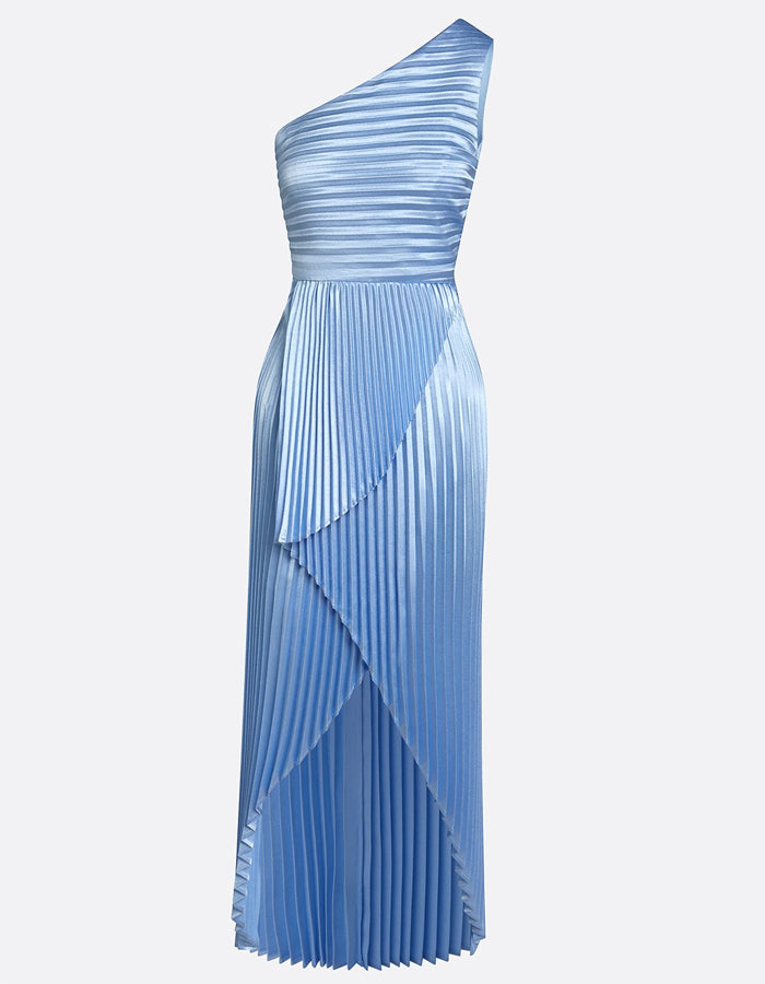 Solid Color Pleated One Shoulder Asymmetrical Design Maxi Dress