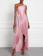 Solid Color Pleated One Shoulder Asymmetrical Design Maxi Dress