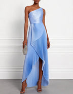 Solid Color Pleated One Shoulder Asymmetrical Design Maxi Dress