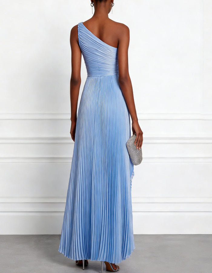 Solid Color Pleated One Shoulder Asymmetrical Design Maxi Dress