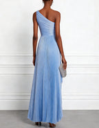 Solid Color Pleated One Shoulder Asymmetrical Design Maxi Dress