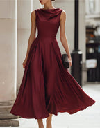 Burgundy Matte Satin Halter Neckline Midi Dress