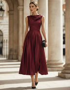 Burgundy Matte Satin Halter Neckline Midi Dress