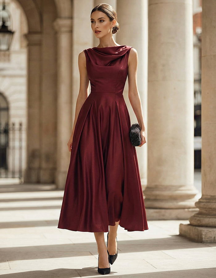 Burgundy Matte Satin Halter Neckline Midi Dress