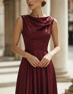Burgundy Matte Satin Halter Neckline Midi Dress