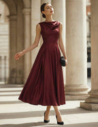 Burgundy Matte Satin Halter Neckline Midi Dress
