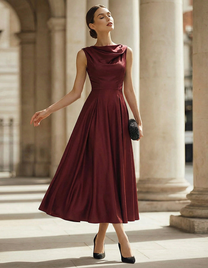 Burgundy Matte Satin Halter Neckline Midi Dress