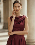 Burgundy Matte Satin Halter Neckline Midi Dress