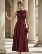 Burgundy Matte Satin Halter Neckline Midi Dress
