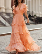 Pink Chiffon Ruffled Hem Maxi Dress