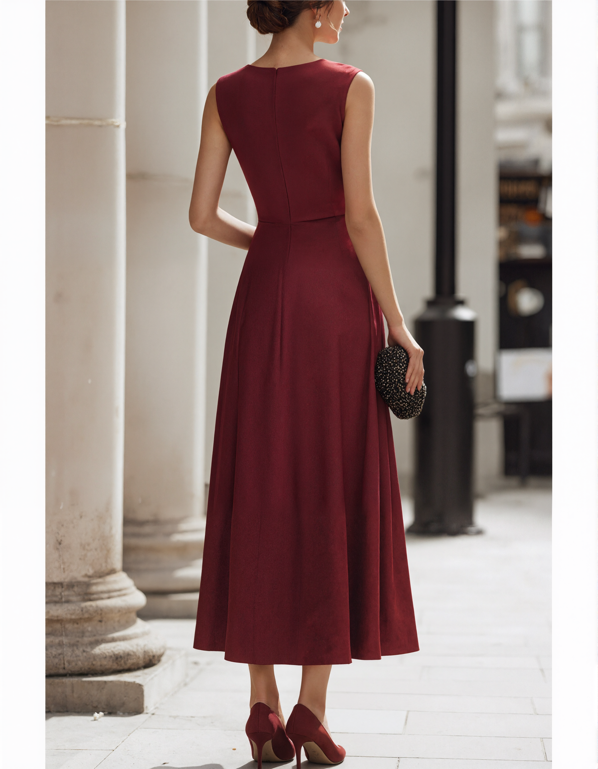 Burgundy Matte Satin Halter Neckline Midi Dress