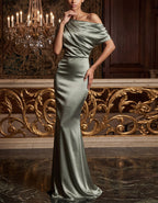 Green Satin Off Shoulder Cinched Waist Mermaid Evening Gown Maxi Dress