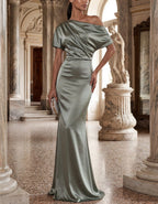 Green Satin Off Shoulder Cinched Waist Mermaid Evening Gown Maxi Dress