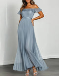 Blue Gray Off Shoulder Ruffled Pleated Chiffon Maxi Dress