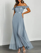 Blue Gray Off Shoulder Ruffled Pleated Chiffon Maxi Dress